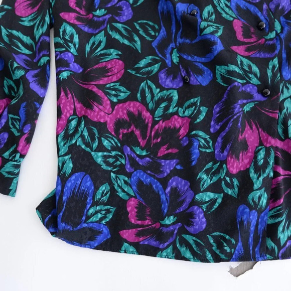 Vintage Lady Dame Plus Black with Floral Design Long Sleeve Button Up Blouse XL - Picture 9 of 14